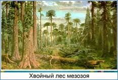 Ре­кон­струк­ция ме­зо­зой­ско­го леса: верх­ний ярус – го­ло­се­мен­ные, ниж­ний ярус – па­по­рот­ни­ки
