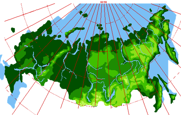 Ме­ри­ди­а­ны на карте Рос­сии