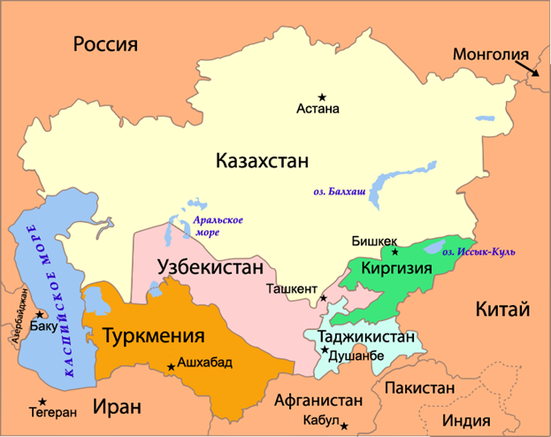 Стра­ны Цен­траль­ной Азии на карте