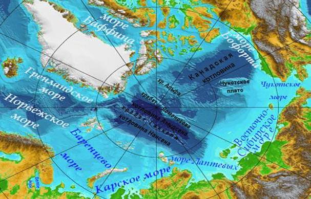 Моря Се­вер­но­го Ле­до­ви­то­го оке­а­на на фи­зи­че­ской карта