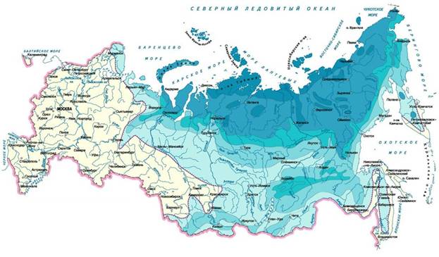 Мно­го­лет­няя мерз­ло­та (синий и го­лу­бой цвета) на карте Рос­сии