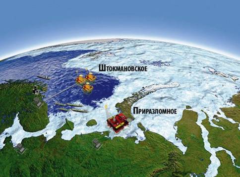 Шток­ма­нов­ское га­зо­вое и При­раз­лом­ное неф­тя­ное ме­сто­рож­де­ния на карте