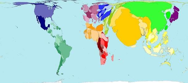 Карта – ана­мор­фо­за стран по чис­лен­но­сти на­се­ле­ния