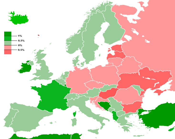 Карта роста/сни­же­ния на­се­ле­ния в стра­нах Ев­ро­пы