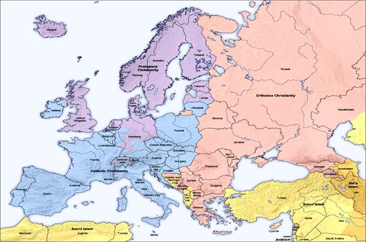 Карта ре­ли­ги­оз­ных ве­ро­ис­по­ве­да­ний Ев­ро­пы
