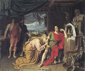 Приам, ис­пра­ши­ва­ю­щий у Ахил­ле­са тело уби­то­го Гек­то­ра 