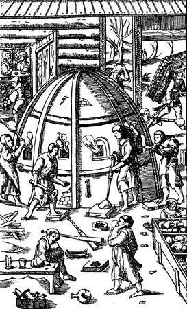 Стек­ло­ду­вы. Гра­вю­ра из книги Г. Аг­ри­ко­лы «О ме­тал­лах», 1556 г.