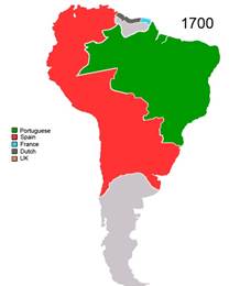 Карта Ла­тин­ской Аме­ри­ки. (Зе­ле­ный цвет – вла­де­ния Пор­ту­га­лии, крас­ный – Ис­па­нии)