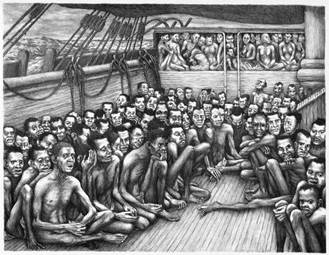Аф­ри­кан­ских рабов пе­ре­прав­ля­ют через Ат­лан­ти­че­ский океан в Аме­ри­ку