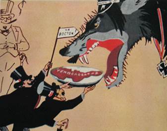 Со­вет­ский про­па­ган­дист­ский пла­кат 1938 года о «Мюн­хен­ском сго­во­ре»