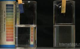 Ис­сле­до­ва­ние кис­лот­но­сти среды в сме­сях ок­си­да каль­ция (слева) и ок­си­да меди(II) (спра­ва) с водой с по­мо­щью уни­вер­саль­но­го ин­ди­ка­то­ра