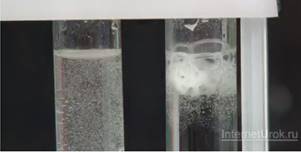 Ре­зуль­та­ты опыта по вза­и­мо­дей­ствия цинка (слева) и маг­ния (спра­ва) с со­ля­ной кис­ло­той