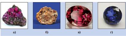 Ми­не­ра­лы, со­дер­жа­щие алю­ми­ний: а – ко­рунд, б- бок­сит, в- рубин, г- сап­фир