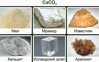 Кар­бо­нат каль­ция CaCO3 об­ра­зу­ет мно­же­ство раз­лич­ных ми­не­ра­лов