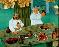 Ге­не­ра­лы на ост­ро­ве. Ил­лю­стра­ция к сказ­ке М.Е. Сал­ты­ко­ва-Щед­ри­на. «По­весть о том, как один мужик двух ге­не­ра­лов про­кор­мил»