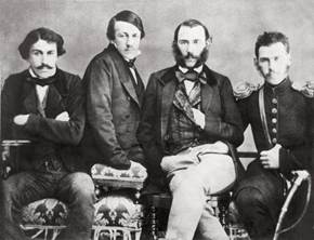 Бра­тья Тол­стые (слева на­пра­во): Сер­гей, Ни­ко­лай, Дмит­рий, Лев (Москва, 1854).