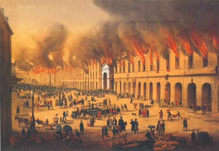 «Пожар в Пе­тер­бур­ге 28 и 29 мая 1862 года». (Ли­то­гра­фия неиз­вест­но­го ав­то­ра. Ок. 1862)
