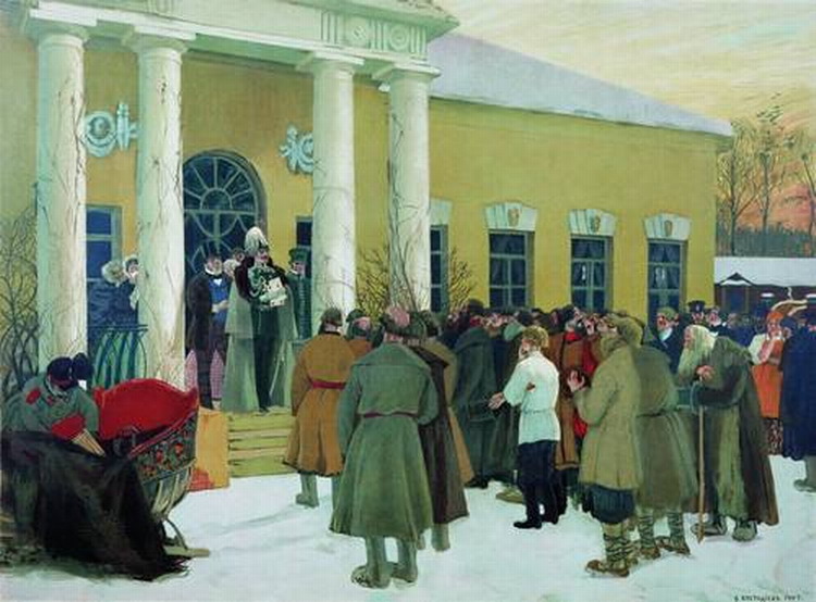 «Осво­бож­де­ние кре­стьян (Чте­ние ма­ни­фе­ста)» (Б. Ку­сто­ди­ев, 1907)